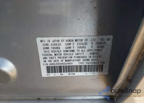 2006 Acura Tsx from USA, damaged, VIN JH4CL969X6C026691